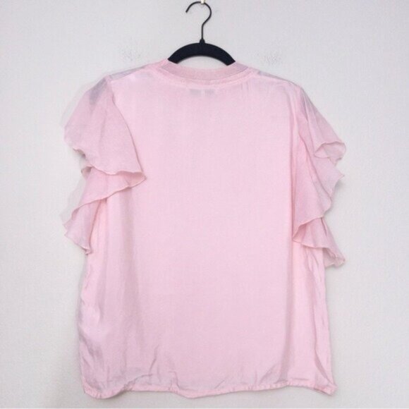 Sandro Ruffle Flutter Sleeve Blouse Top M Pink Cupro Lightweight Crewneck - Picture 8 of 11